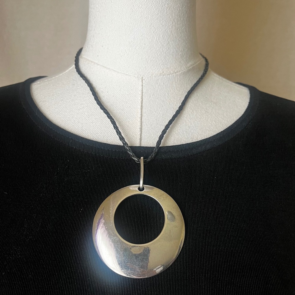 Silver Tone Disc Pendant Necklace Leather Cord Minimalist 19-20.5"